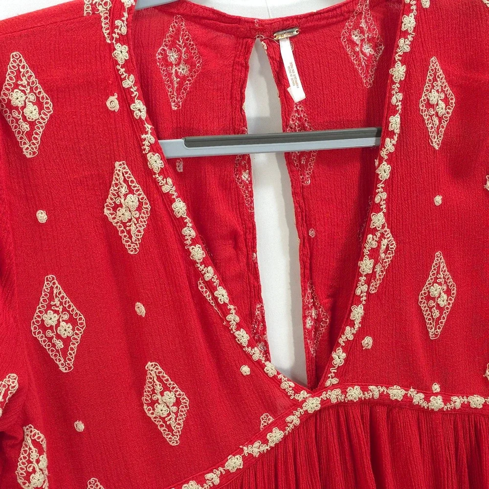 Free People Red Embroidered Boho Tunic Dress Mini Bell Sleeve S Babydoll Chic